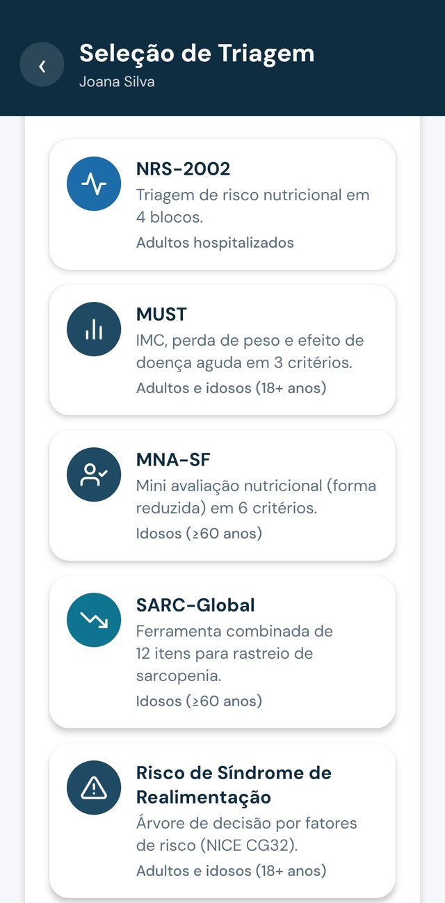 Tela de seleção de triagem do TNCalc: NRS-2002, MUST, MNA-SF, SARC-Global e Risco de Síndrome de Realimentação